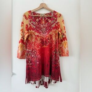 Vibrant One World Red and Yellow Abstract Floral Rhinestone Embellished Tunic